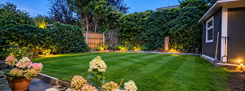 Striped back lawn lit by garden lights at dusk