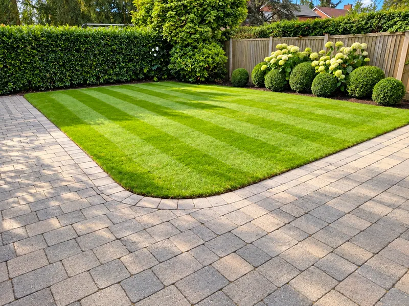 Striped lawn with crisp edges against block paving and hydrangeas